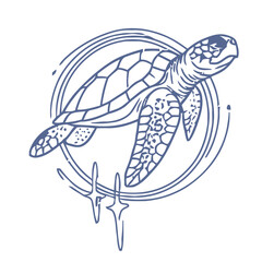 Elegant sea turtle gracefully swims through cosmic circles with subtle starry accents