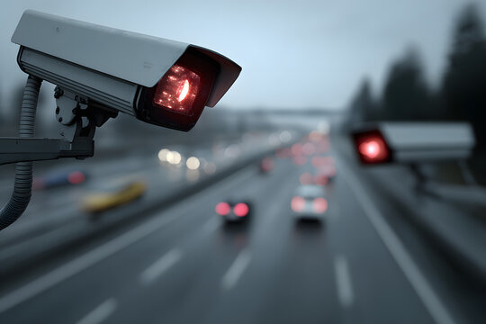 Traffic camera detecting speeding vehicles on a highway, ensuring road safety and regulating traffic flow
