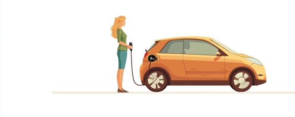 Naklejka premium Illustration of a woman charging an electric car for sustainable transportation