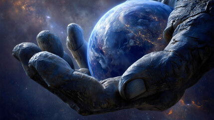 A colossal stone hand holding the entire celestial dome, a hand holding the planet in the universe.
