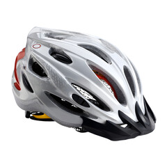 Modern white cycling helmet with red accents and black visor for safety and style isolated on transparent background
