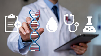 Expert scientist expertly interacts with futuristic medical data interface showcasing DNA, health icons and digital analysis for groundbreaking research and diagnostics