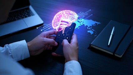 Person holding smartphone displaying glowing digital brain over world map