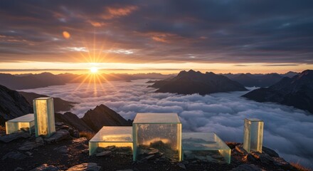 Mountain peak sunrise viewed through artful glass podiums enhancing a serene alpine experience