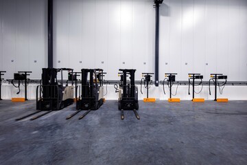 Electric forklifts charging inside warehouse © Francisco