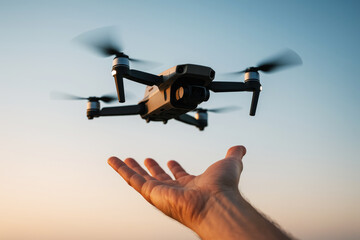 Quadcopter hovering above open palm drone flying