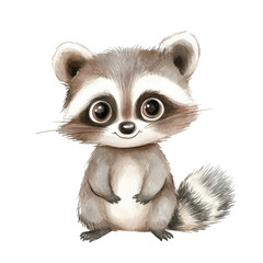 Cute raccoon character with large eyes and fluffy tail stands cheerfully on a white background, evoking a playful and friendly feeling