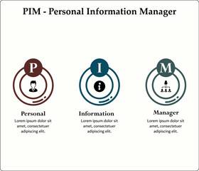 PIM - Personal Information Manager acronym. Infographic template with icons and description placeholder