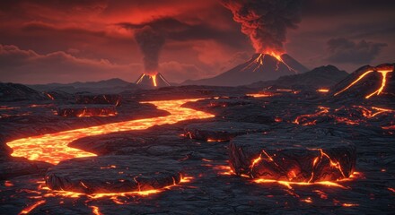 Dramatic volcanic eruption landscape showcasing fiery lava flows and ominous smoke plumes under a