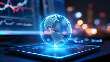 Futuristic holographic globe on digital interface with financial data