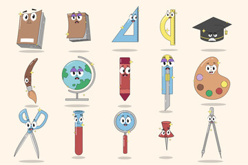 cute school tool icon set Appliance Mascots with Cartoon Faces – Vector Set