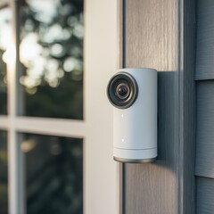 A white camera mounted on a wooden door