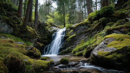A scenic waterfall flowing through a lush forest with moss covered rocks and tall evergreen trees