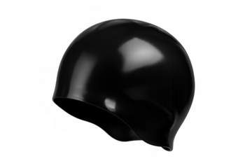 Sleek black swimming cap floating on transparent surface, highlighting streamlined design for sports and fitness graphics