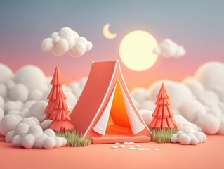 Fototapeta premium Dreamy Camping Scene: Tent in a Whimsical Cloud Landscape at Sunset