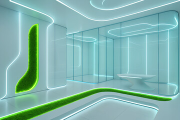 Futuristic interior in white tones with neon moss lighting and glass panels