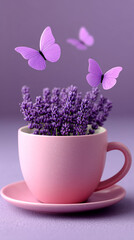 Lavender Flowers in Teacup with Butterflies