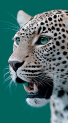 Leopard Head with Open Mouth on Teal Background