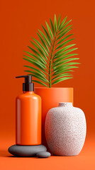 Lotion Bottle, Vase, and Palm Leaf Still Life