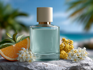 Perfume Bottle with Citrus and Flowers on Stone Surface