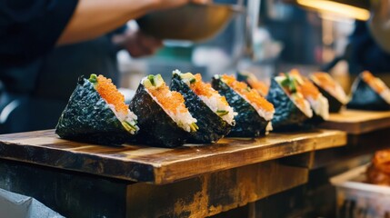 Triangular onigiri, fresh crispy nori wrap, sliced open, gourmet spicy salmon avocado filling, rustic wooden tray, Japanese street food vendor, trendy market snack, caviar, close-up, asian cuisine.