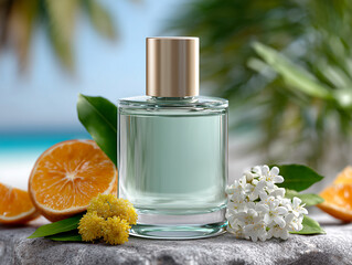 Perfume Bottle with Oranges and Flowers on Stone Surface