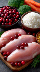 Raw Chicken Breasts with Cranberries and Various Foods
