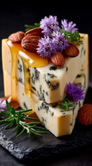 Stacked Blue Cheese with Honey, Almonds, and Flowers