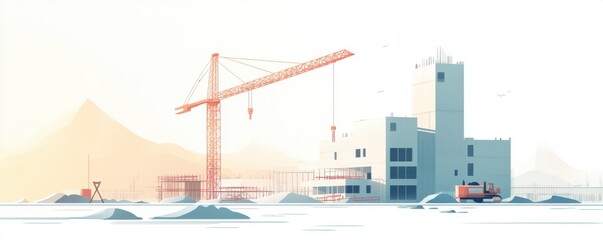 Obraz premium Colorful modern urban skyline under construction with a crane in progress