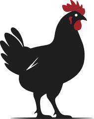 A stylized black and white illustration of a hen with a red comb and wattle, presented against a transparent background.