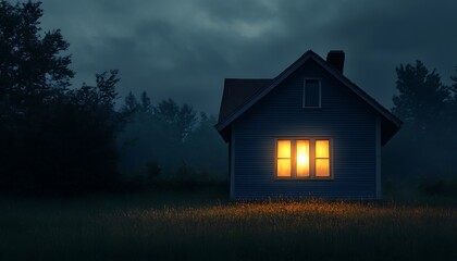 Eerie Blue House with Glowing Windows at Night with Trees in Foggy Landscape