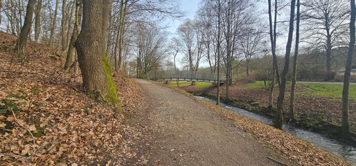 Naklejka premium Tranquil Riverside Walk Towards a Wooden Bridge