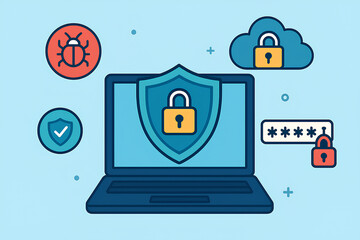 A flat-style 2D illustration of a computer with a shield and padlock on screen, surrounded by icons of virus protection, secure cloud storage, and password management