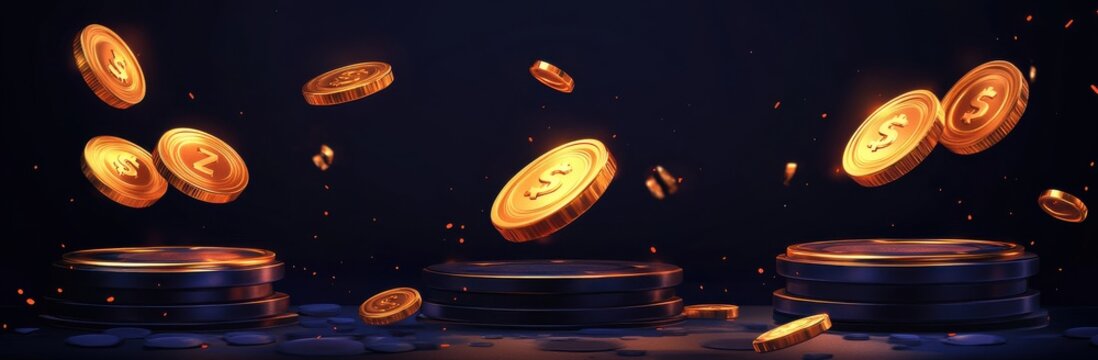 Golden coins with glowing symbols showcased on futuristic platforms