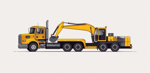 Fototapeta premium Illustration of a modern truck with attached excavator in vibrant yellow