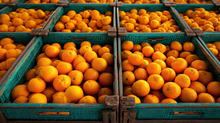 Fresh oranges neatly arranged in green crates at market, showcasing vibrant colors and abundance
