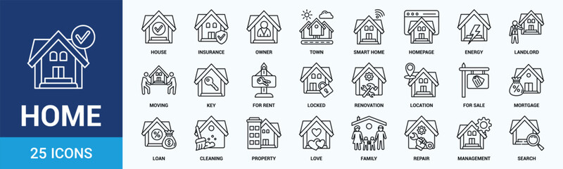 Home icon set. Containing house, property, loan, town, landlord, insurance, location, mortgage, for sale and more. Outline vector icons collection.