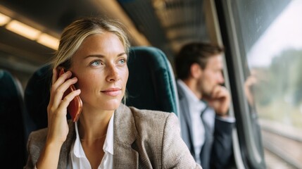 A focused woman engages in a phone call while traveling by train, epitomizing efficient business on-the-go and modern connectivity. Ideal for themes of travel, remote work, professional productivity