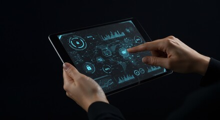 World Interaction - Hands using a tablet displaying a futuristic interface with data visualizations and security icons