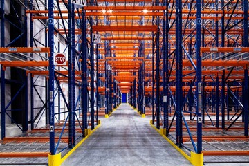 Interior of modern warehouse with empty racking system design for cold storage