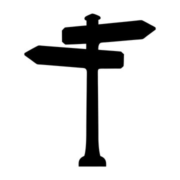Silhouette of a wooden signpost with two direction arrows pointing different ways