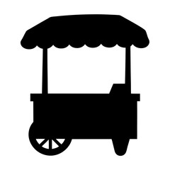 Black silhouette drawing of a food vending cart with wheels and awning © PixelArtBox
