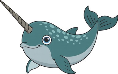 Cartoon Narwhal Swimming Happily with a Spiraled Tusk Adorned with Light Blue Spots and a Cute Face