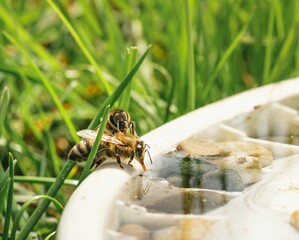 Two bees perch delicately on the rim of a water-filled dish. One bee drinks deeply while the other...