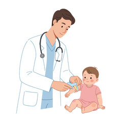Doctor in white coat examines a baby's arm, smiling gently during a medical checkup.