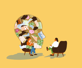 Woman with head full of money worries talking to debt counsellor