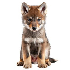 Fototapeta premium Cute wolf cub sitting upright with expressive eyes and soft fur in a light background