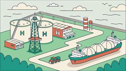 Overview of an industrial landscape featuring storage tanks a ship and various buildings and structures