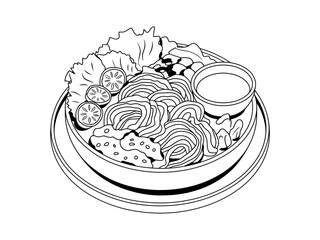Detailed Bowl of Noodles with Salad and Sauce in Black and White Line Art Style Culinary Illustration