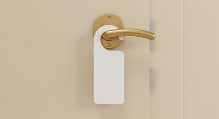 Blank Door Hanger on Gold Door Handle - A white blank door hanger hangs on a gold door handle, ready for your message. Perfect for hotel, motel, or rental property